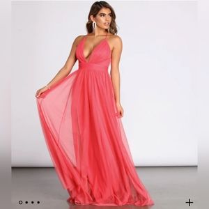 Emerald Sunday Tulle Plunge Barbie Pink Maxi Dress Size 11 Jrs.